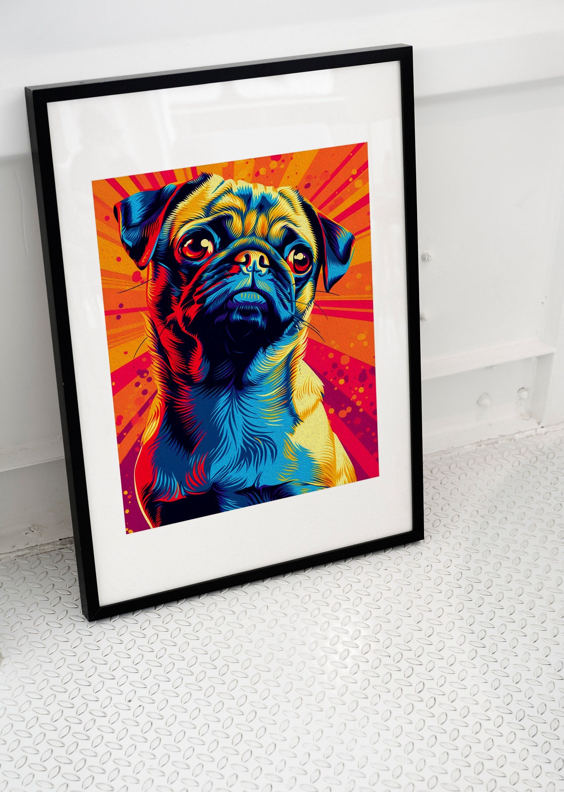 Colorful Pop Art Pug Dog Portrait Orange Burst Fun Rainbow Poster