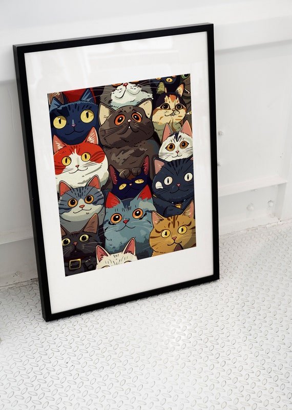 Colorful Cats Art Print, Whimsical Feline Illustration
