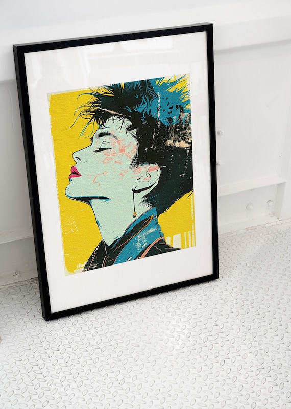 Bold Pop Art Woman Profile Grunge Yellow Background Urban Poster