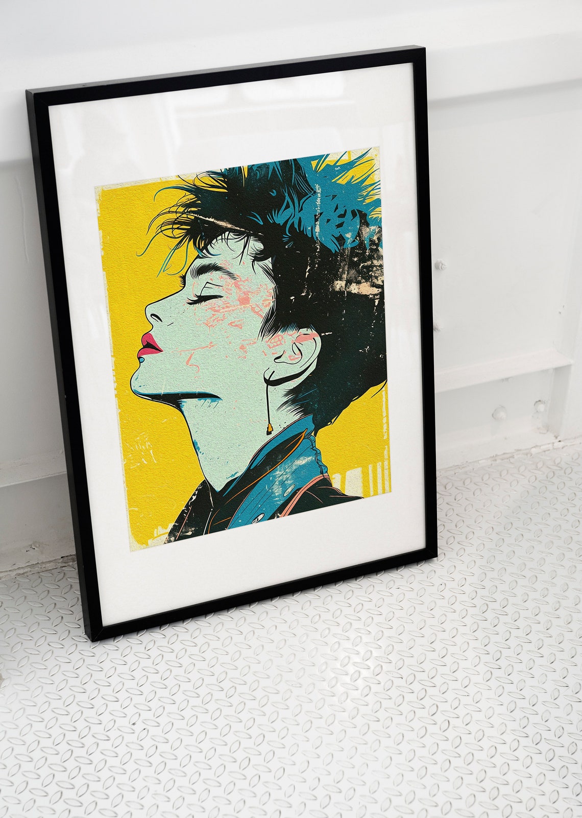 Bold Pop Art Woman Profile Grunge Yellow Background Urban Poster