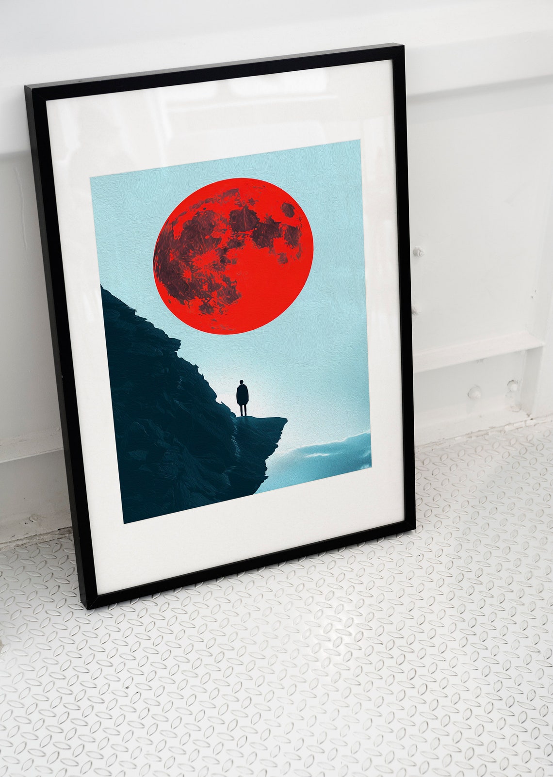 Lone Figure on Cliff Under Giant Crimson Red Moon Surreal Poster