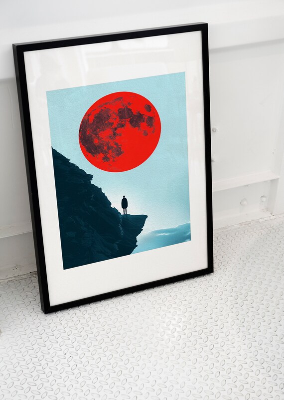 Lone Figure on Cliff Under Giant Crimson Red Moon Surreal Poster