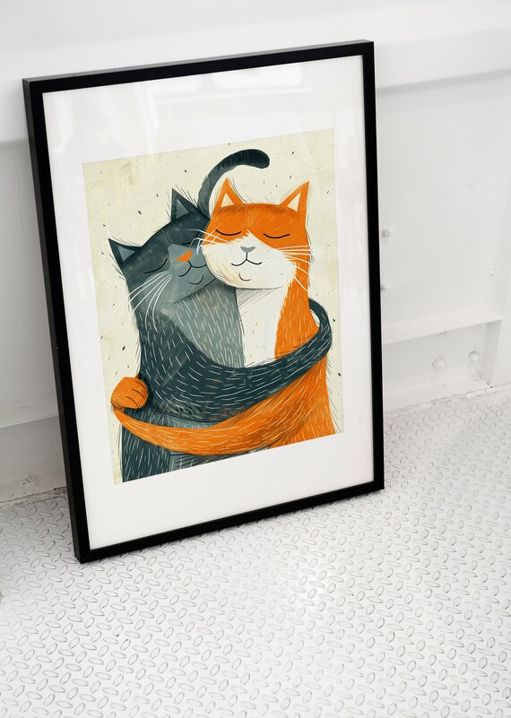 Heartwarming Two Cats Hugging Cute Cozy Love Illustration Poster