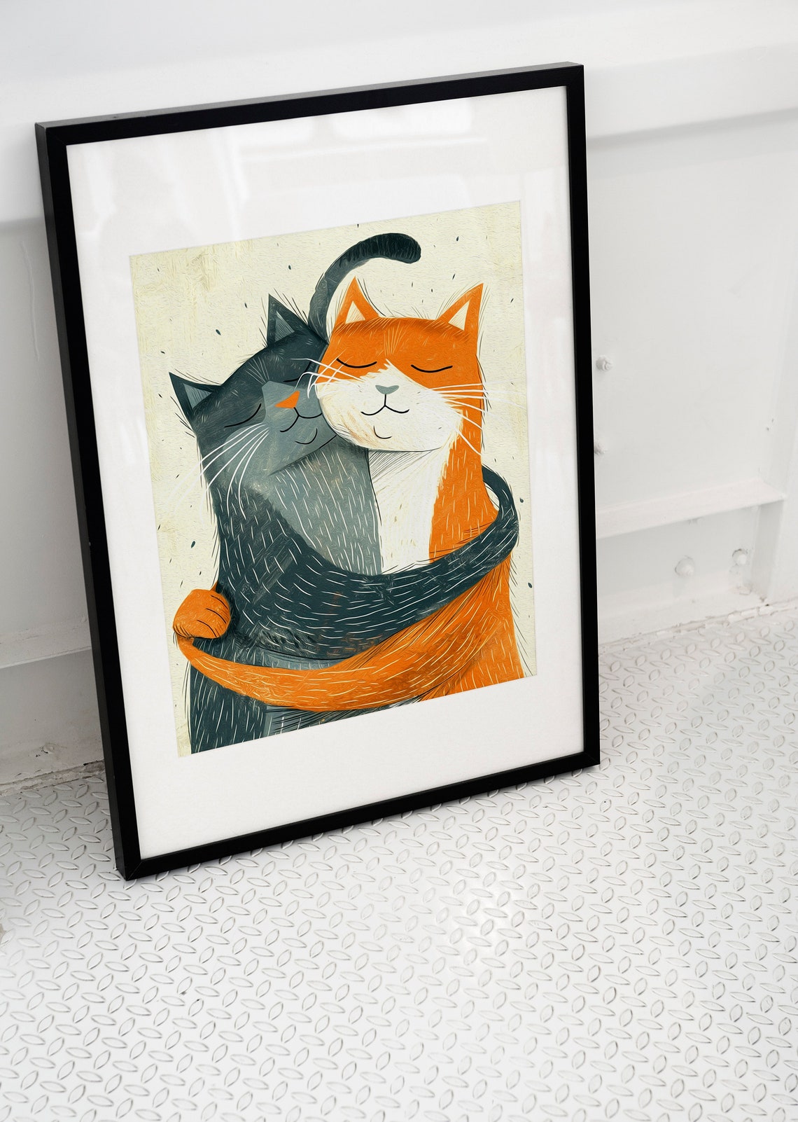 Heartwarming Two Cats Hugging Cute Cozy Love Illustration Poster