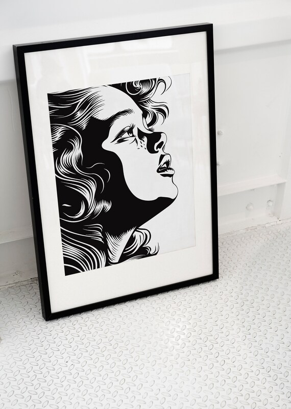 Black and White Pop Art Woman Profile Comic Graphic Ink Style Poster
