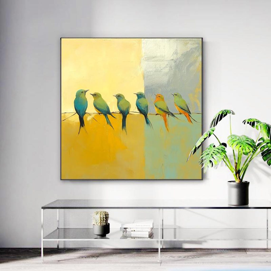 Seven Colorful Birds Perched on a Wire Over Gold Blocks Poster - Image 3