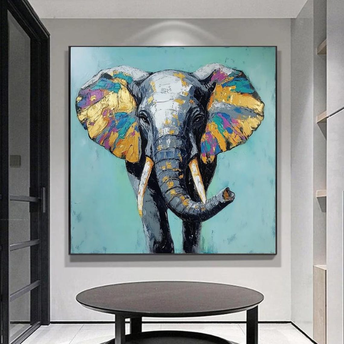 Wise Elephant Portrait With Paint Splashed Colorful Ears Square Poster