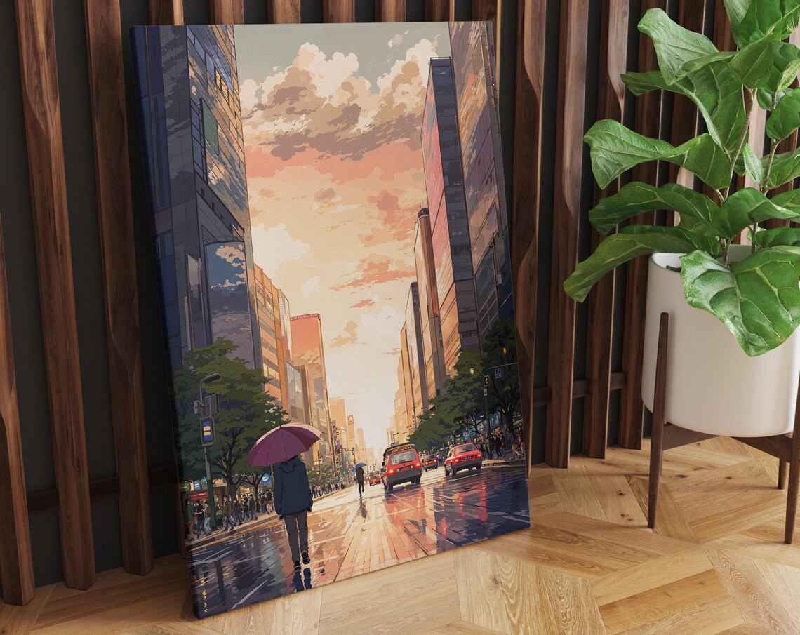 Rainy Tokyo Street Anime Poster with Umbrella Sunset After Rain Art - Image 2