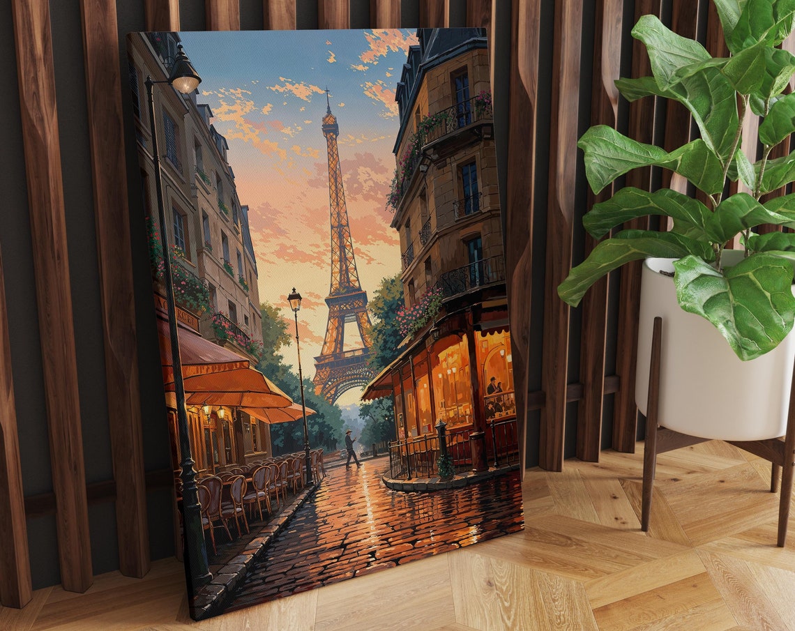 Eiffel Tower Paris Street Cafe Poster Romantic Sunset Cobblestone Art - Image 2