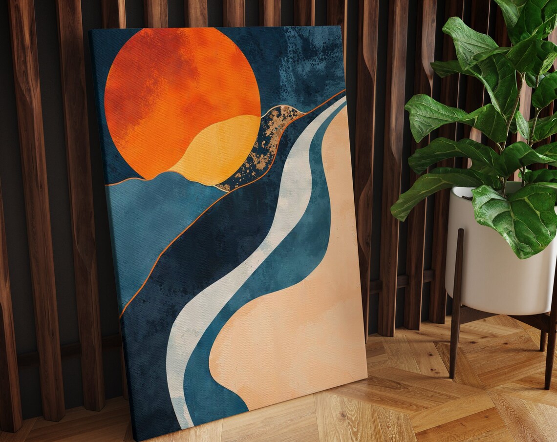 Burnt Orange Sun Abstract Ocean Waves Poster Minimalist Coastal Art - Image 3