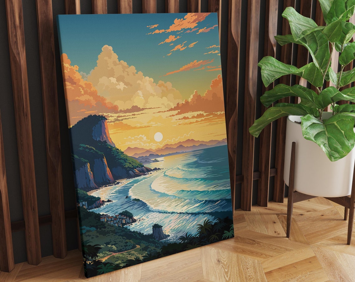 Coastal Cliff Sunset Over Turquoise Waves With Distant Village Poster - Image 2
