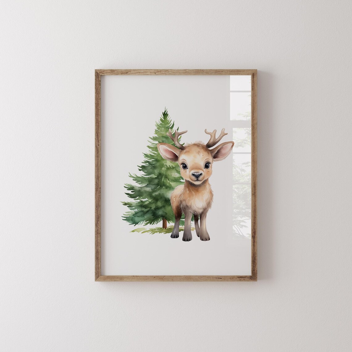 Cute Watercolor Baby Reindeer Pine Tree Woodland Nursery Wall Art