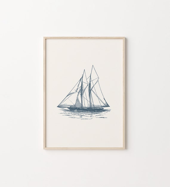 Sailboat Print, Vintage Modern Coastal Art