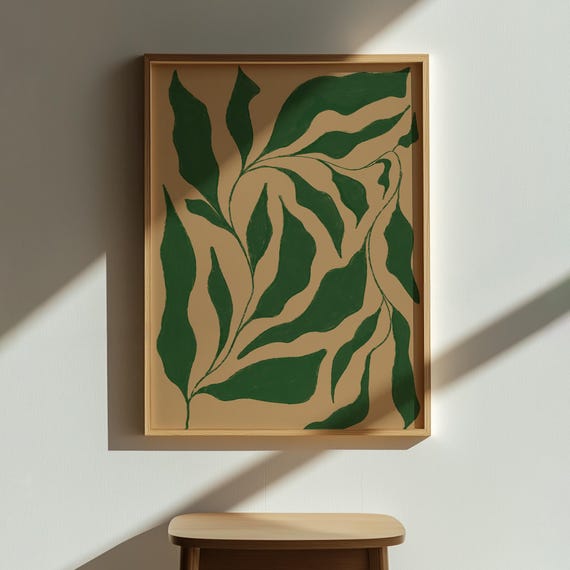 Abstract Green Leaves Art Minimalist Mid Century Poster Contemporary Painting Wall
