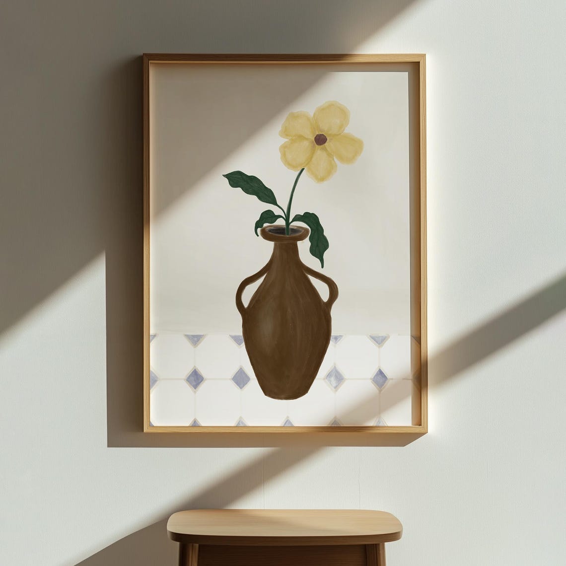 Yellow Flower in Brown Clay Vase Watercolor Still Life Poster