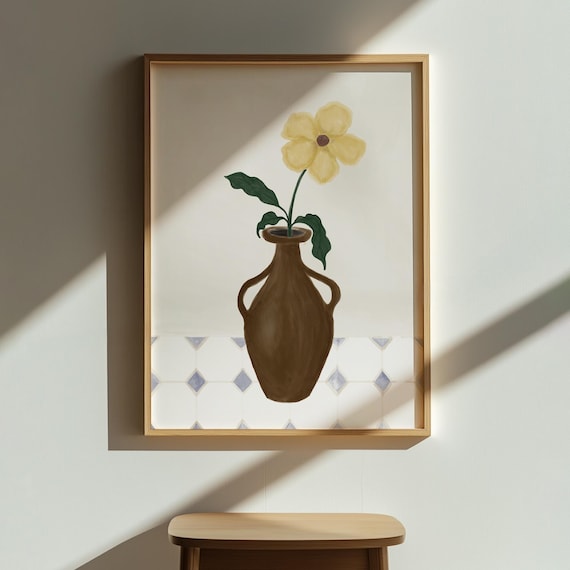Minimalist Yellow Flower Art Print Rustic Brown Vase Illustration Modern Botanical Wall Decor For Kitchen Or Living Room