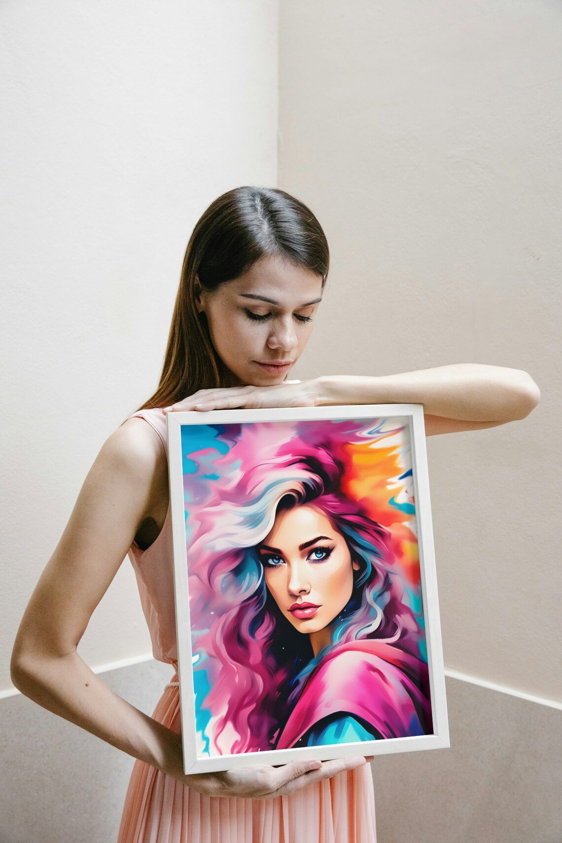 Vibrant Watercolor Woman Portrait Magenta Blue Hair Beauty Art Poster - Image 4