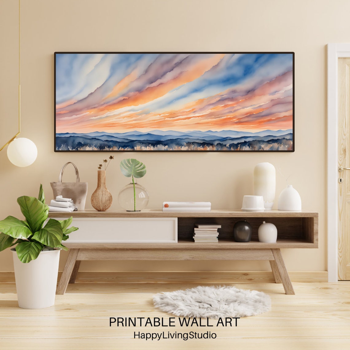 Wispy Sunset Clouds Watercolor Blue Mountain Horizon Wall Poster - Image 4