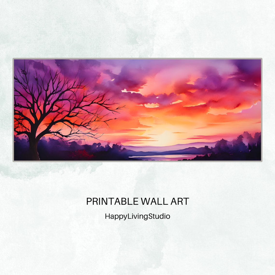 Vivid Sunset Sky Watercolor Purple Orange Clouds Bare Tree Poster - Image 4