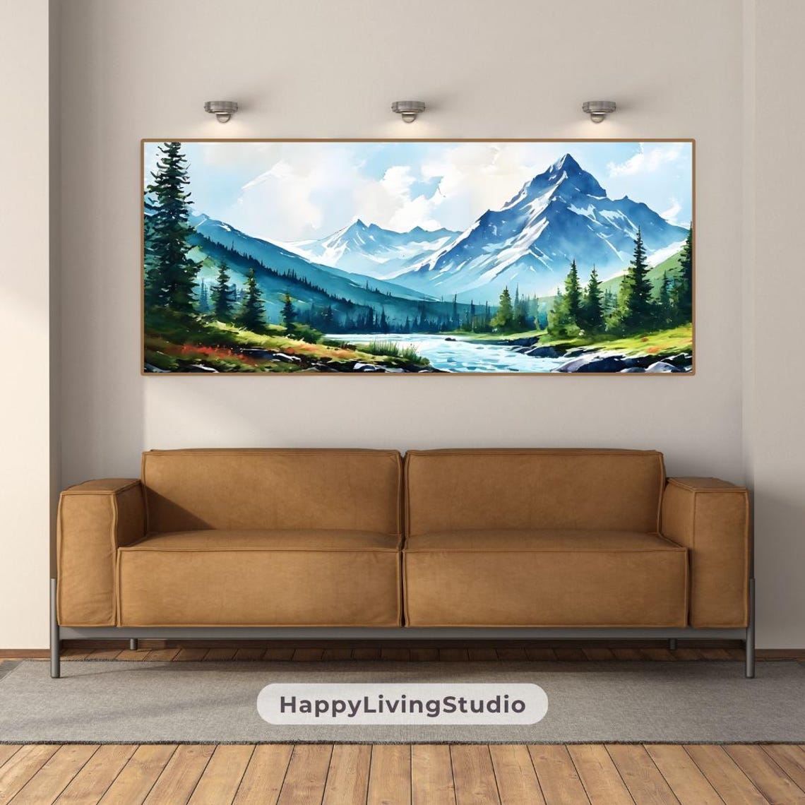 Snowy Mountain River Valley Watercolor Morning Light Landscape Poster - Image 2