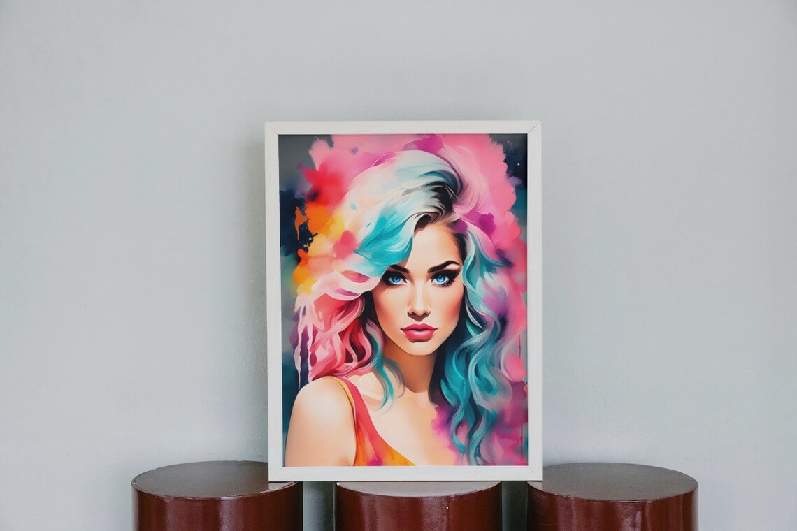 Colorful Woman Portrait Watercolor Pink Teal Hair Fashion Art Poster - Image 2