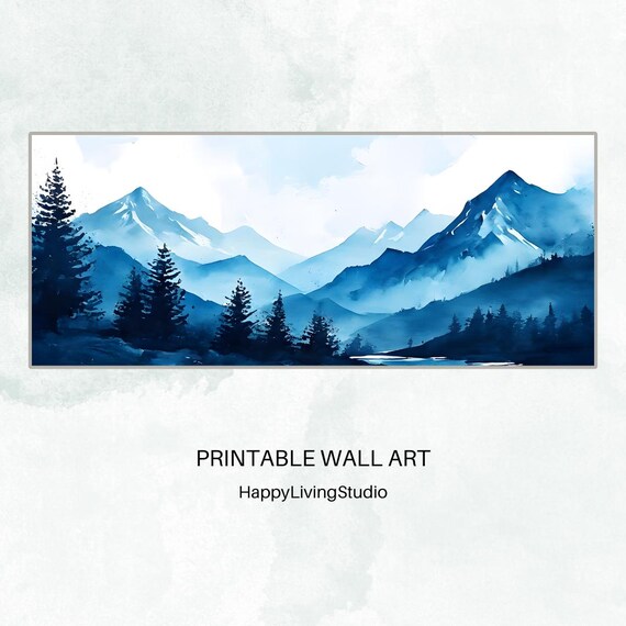 Colorful Blue Mountains Wall Art Large Art High Resolution Print Horizontal Wall Art Print Colorful Watercolor Art