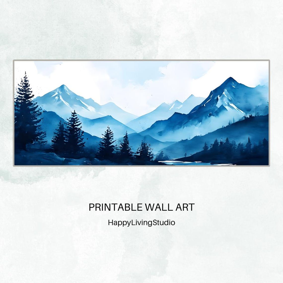 Monochrome Blue Mountains Watercolor Pine Forest Panorama Wall Poster