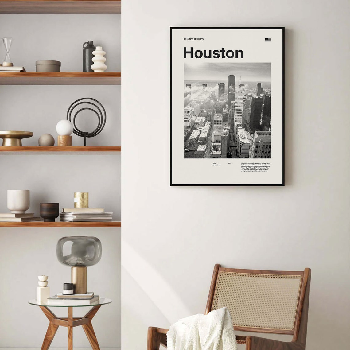 Houston Texas Aerial Skyline Mid Century Black and White Photo Poster - Image 3