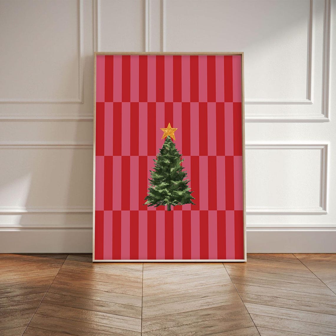 Cheerful Christmas Tree on Pink Stripes Modern Holiday Art Poster - Image 3