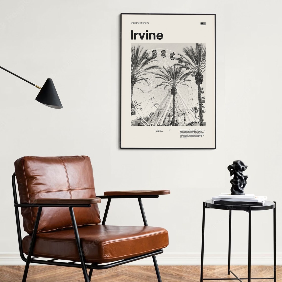 Irvine California Ferris Wheel Palm Trees Black White Travel Poster - Image 4