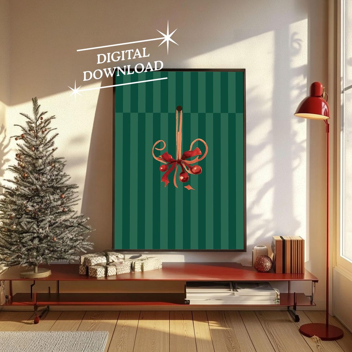 Classic Hanging Christmas Ornament Red Ribbon Green Stripes Poster - Image 4