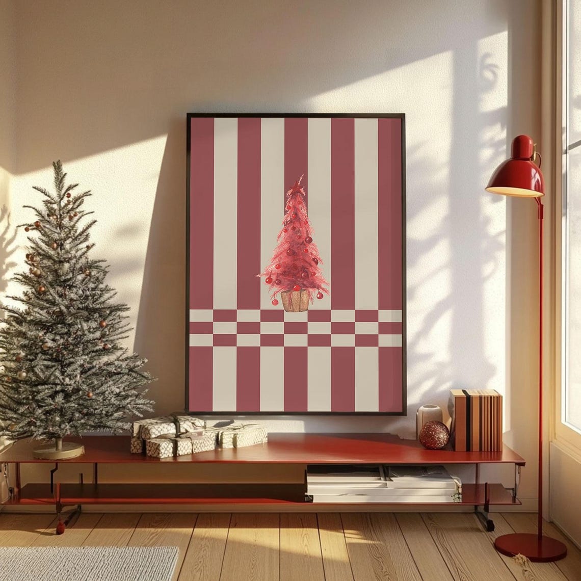 Red Striped Potted Christmas Tree Vintage Retro Holiday Wall Art - Image 4
