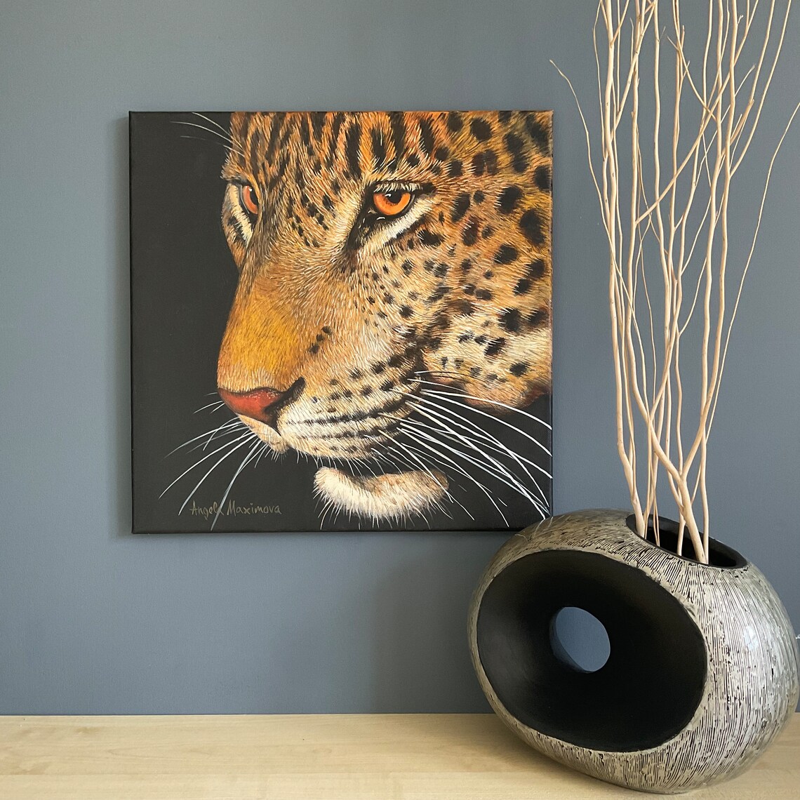 Realistic Leopard Side Profile Portrait Acrylic Painting Black Background Poster
