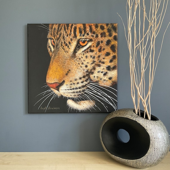 Realistic Leopard Side Profile Portrait Acrylic Painting Black Background Poster