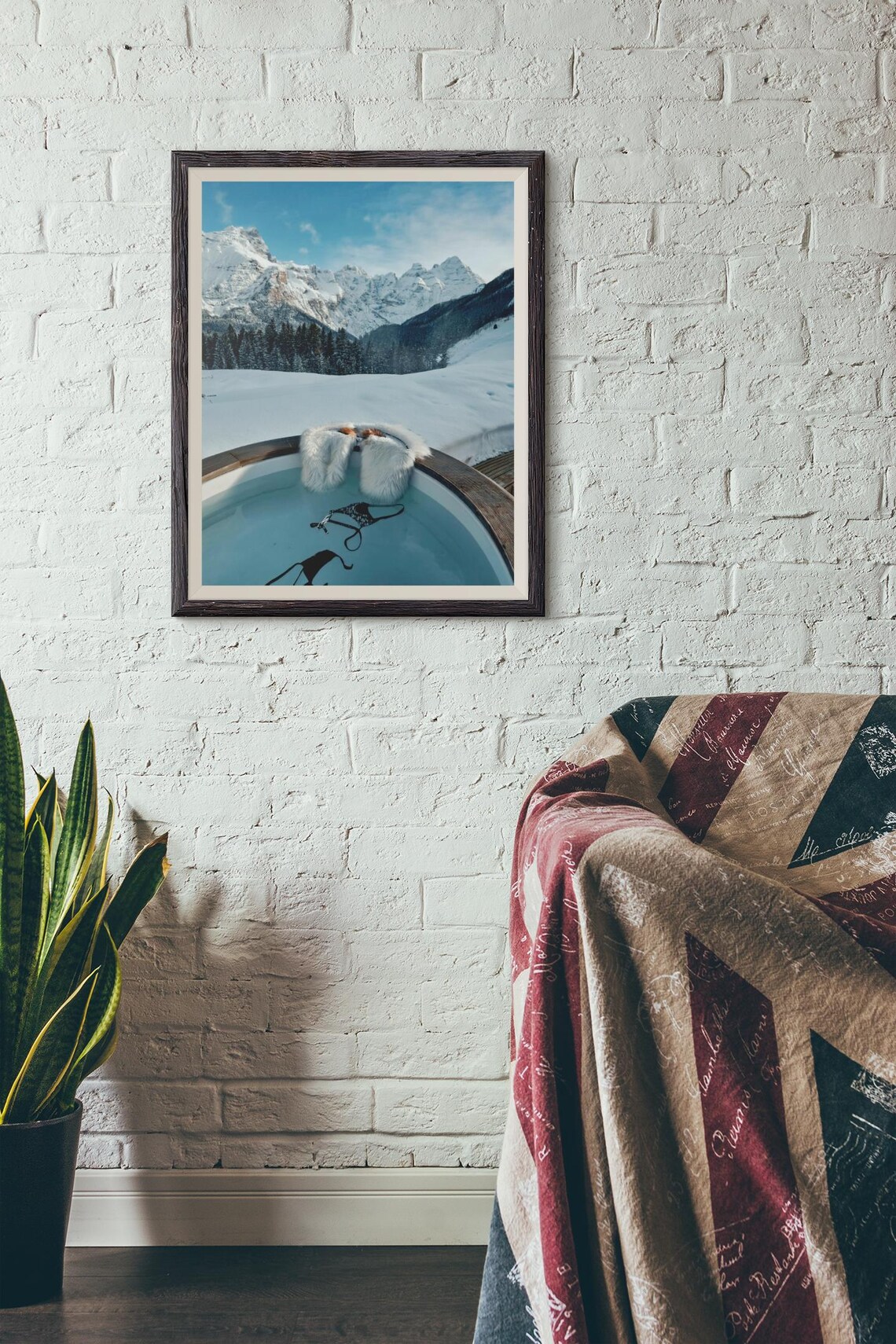 Steaming Hot Tub Against Snowy Mountain Peaks Winter Art Poster - Image 2