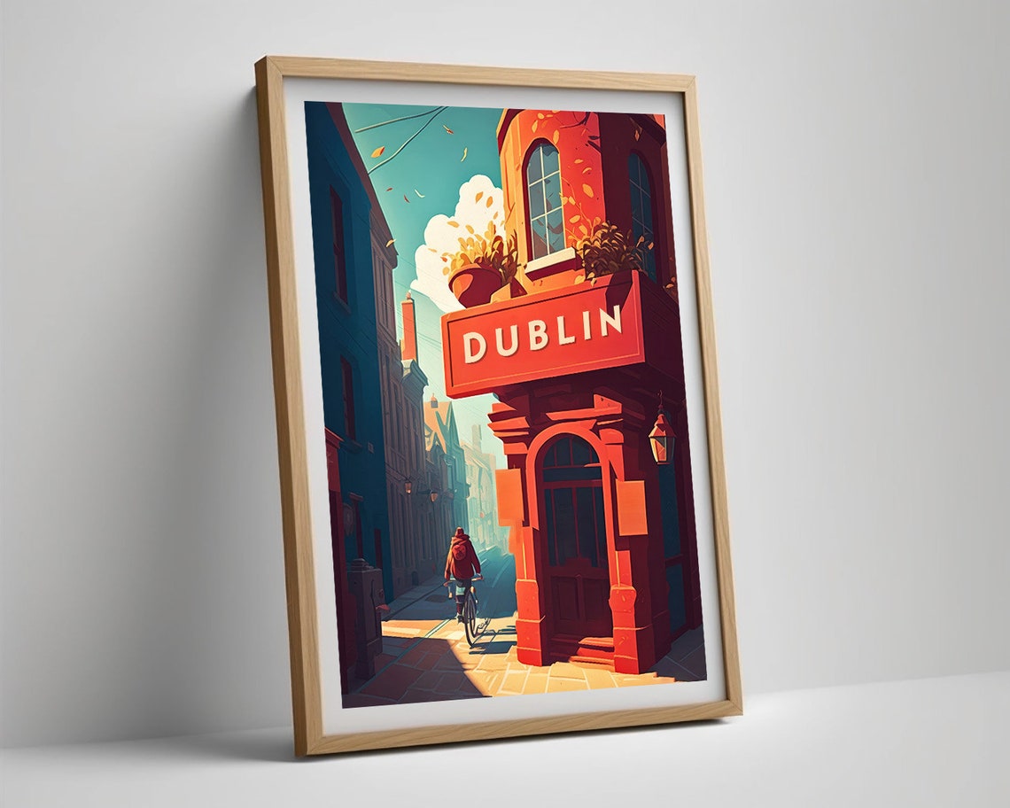 Dublin Ireland Vintage Travel Poster Red Pub Cyclist Street Scene - Image 5