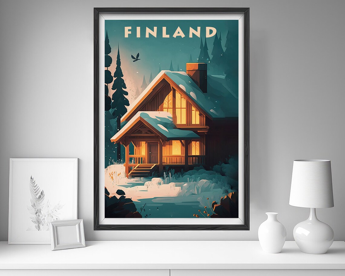Finland Snowy Cabin Night Warm Windows Vintage Winter Travel Poster - Image 4