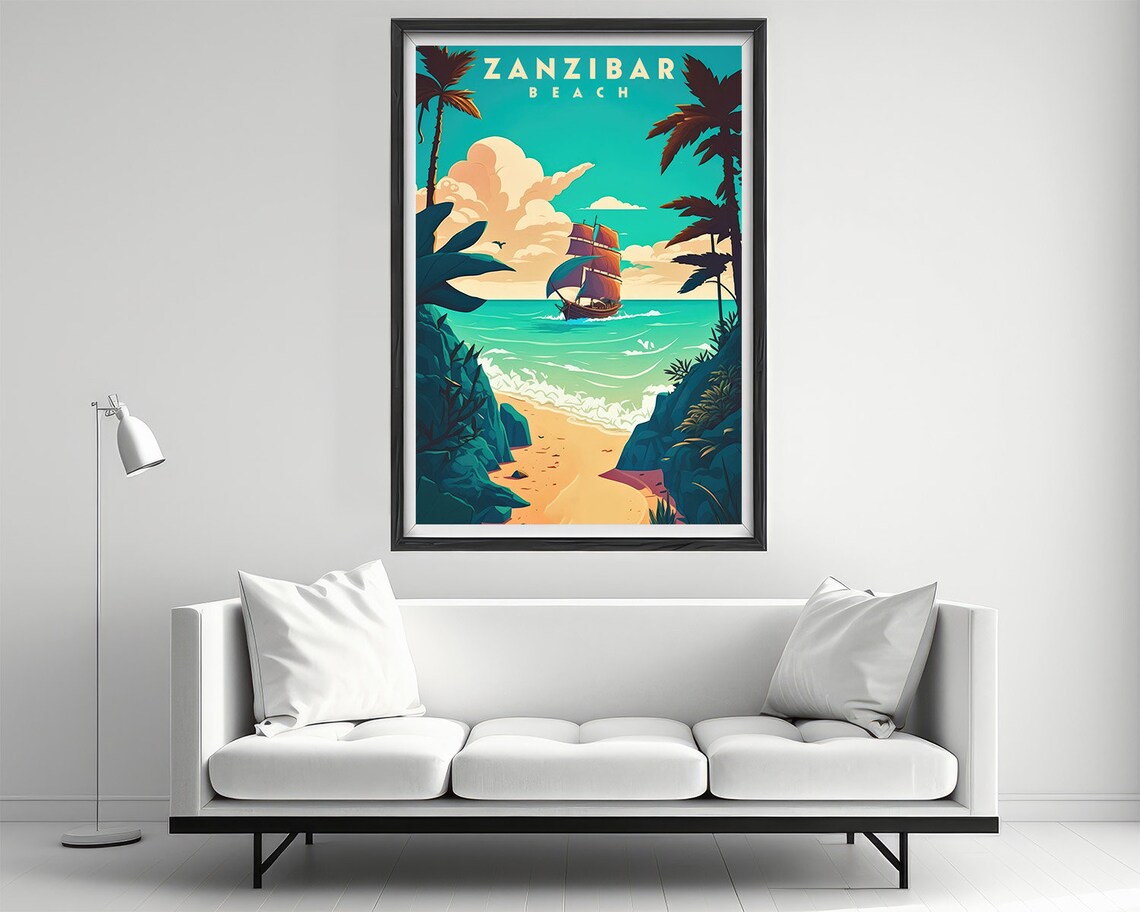Zanzibar Beach Tanzania Sailboat Palms Vintage Travel Poster - Image 2