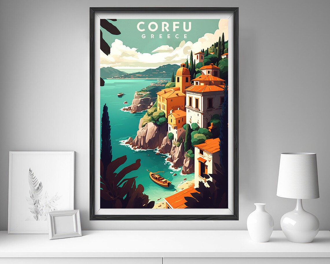 Corfu Greece Cliffside Village Ionian Coast Island Travel Poster - Image 4