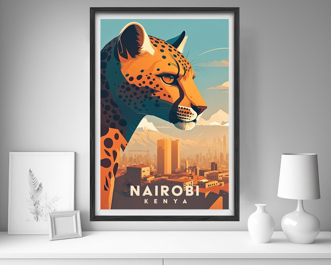 Nairobi Kenya Cheetah Wildlife City Skyline Retro Travel Poster - Image 4