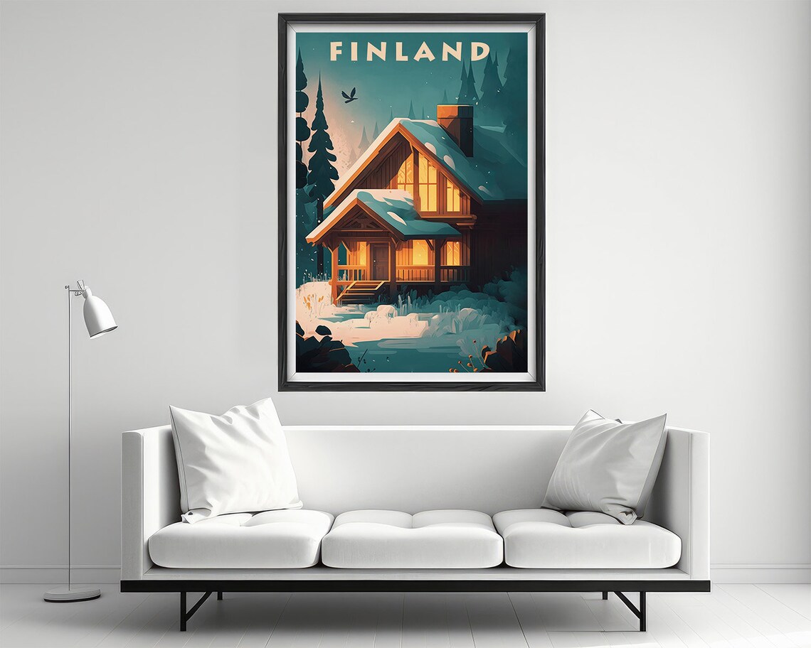 Finland Snowy Cabin Night Warm Windows Vintage Winter Travel Poster - Image 2