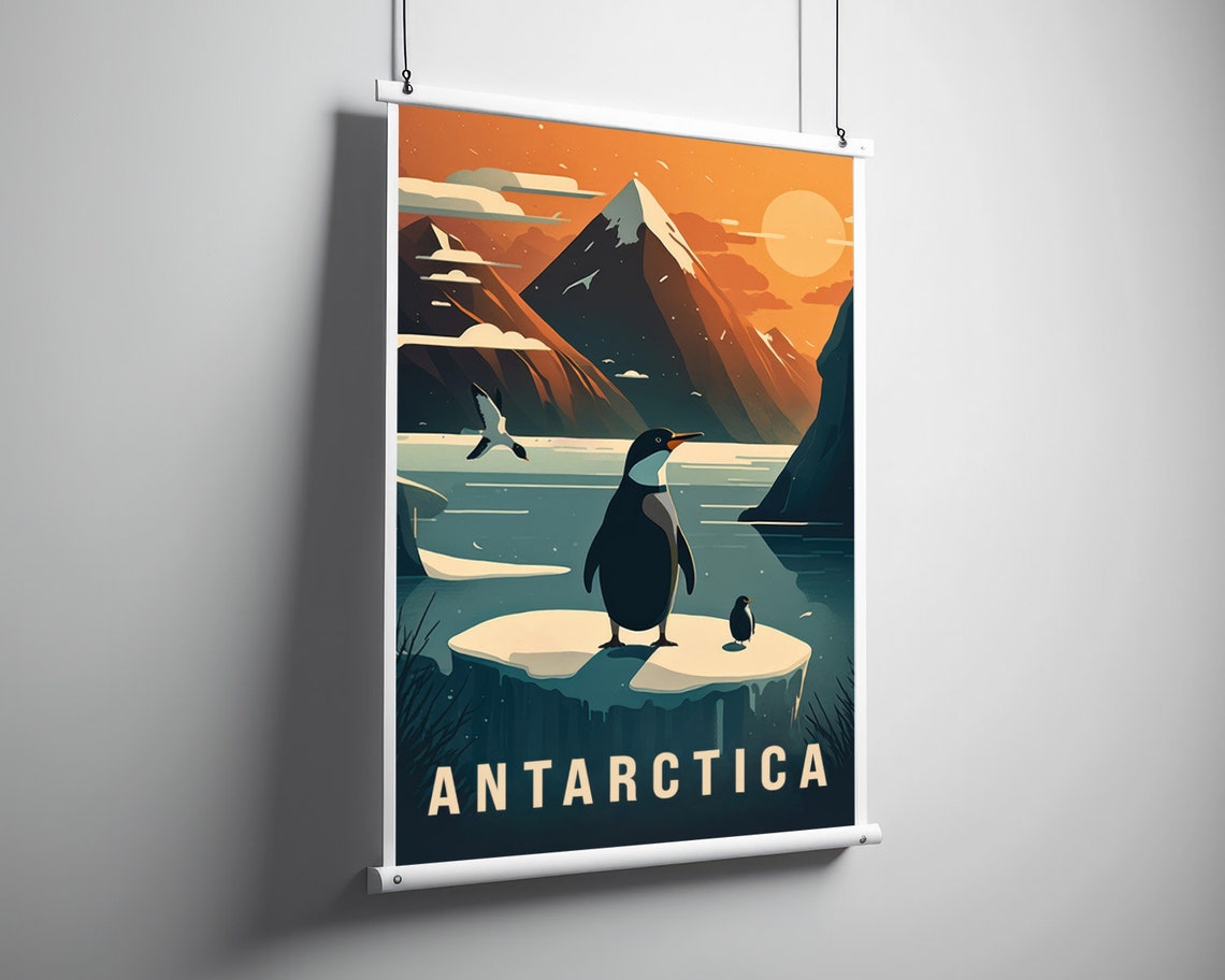 Antarctica Penguins on Ice Vintage Travel Poster Polar Sunset - Image 3