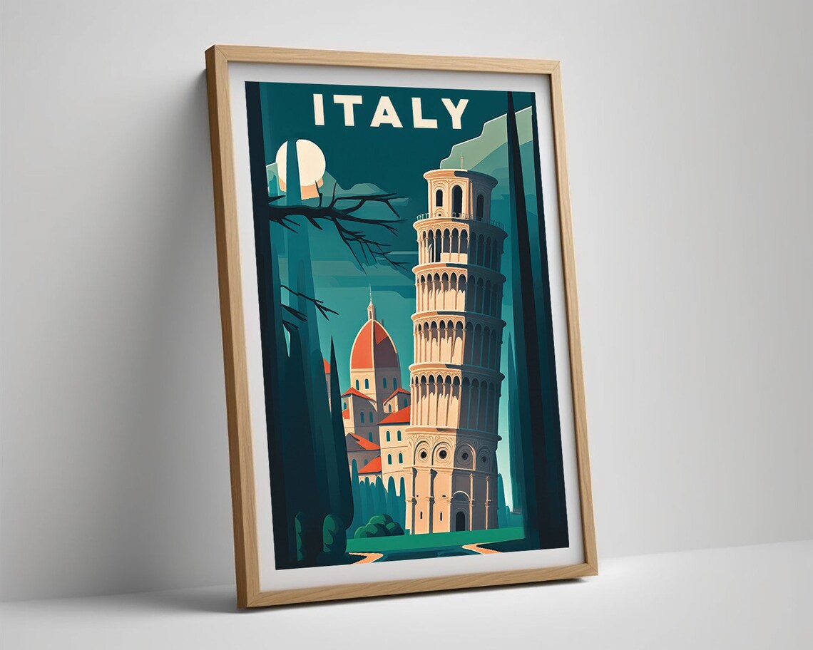 Italy Leaning Tower of Pisa Moonlit Night Skyline Travel Poster - Image 5