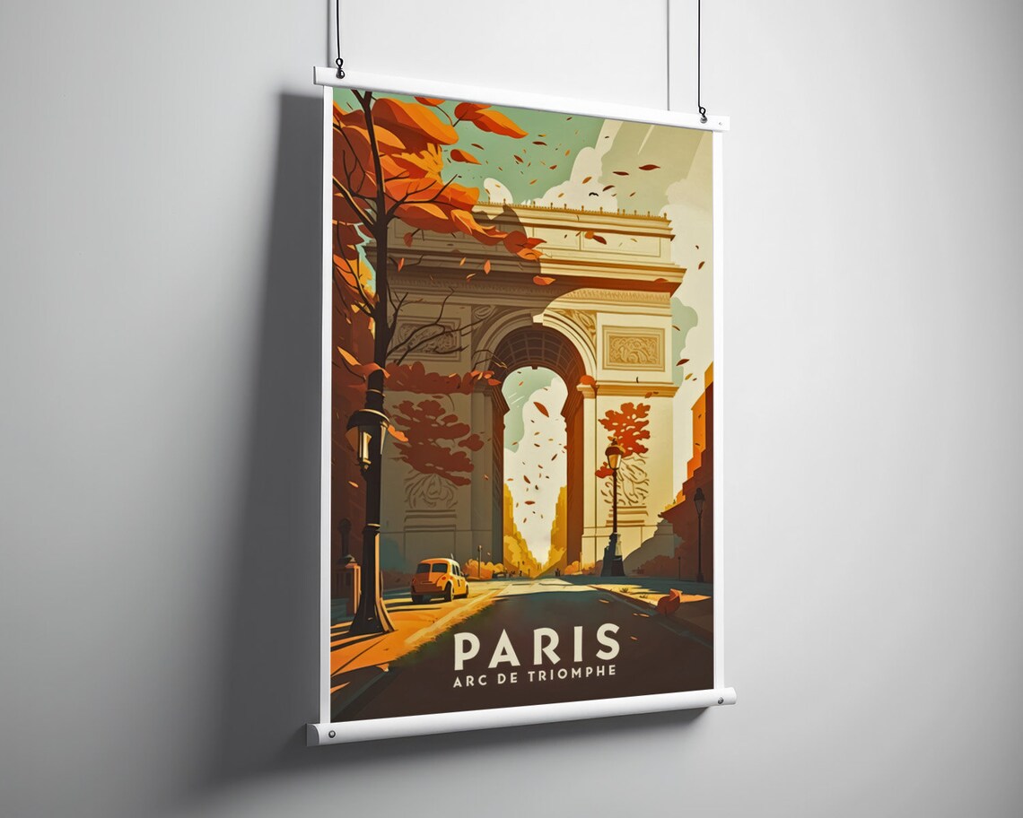 Paris Arc de Triomphe Vintage Travel Poster Autumn Leaves Art - Image 3