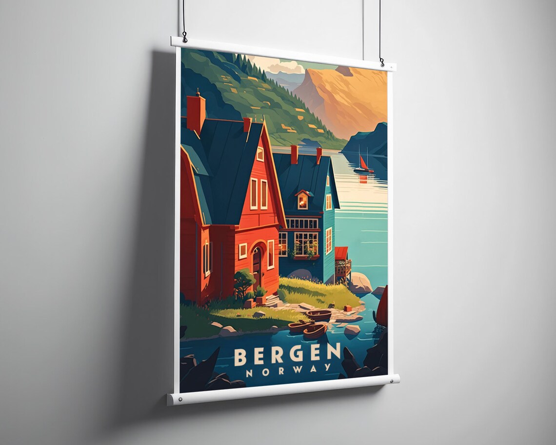 Bergen Norway Fjord Village Sailboat Vintage Travel Art Poster - Image 3