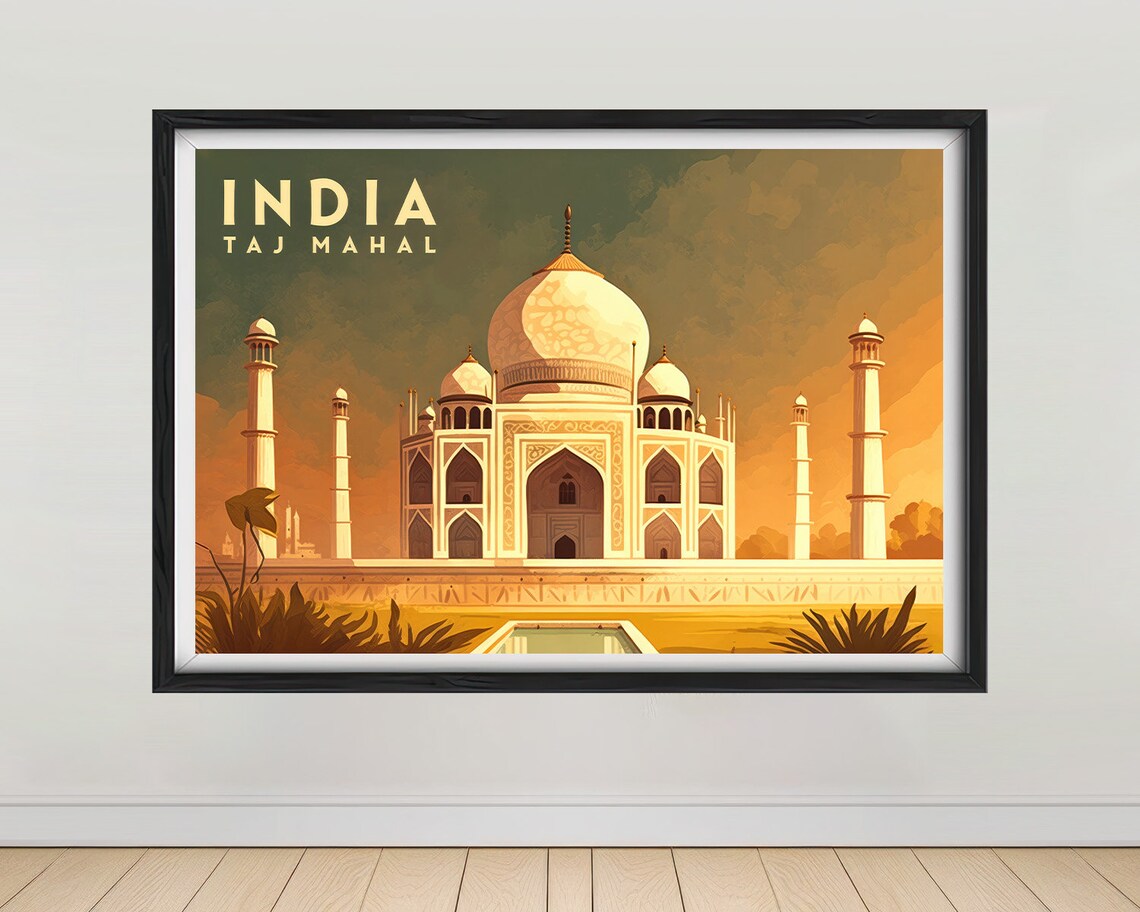 Taj Mahal India Golden Hour Vintage Travel Poster Marble Wonder