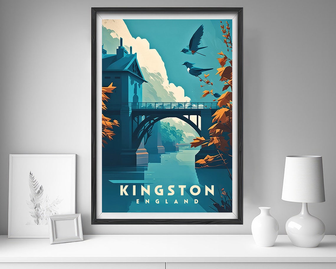 Kingston England River Bridge Autumn Birds Retro Travel Poster - Image 4