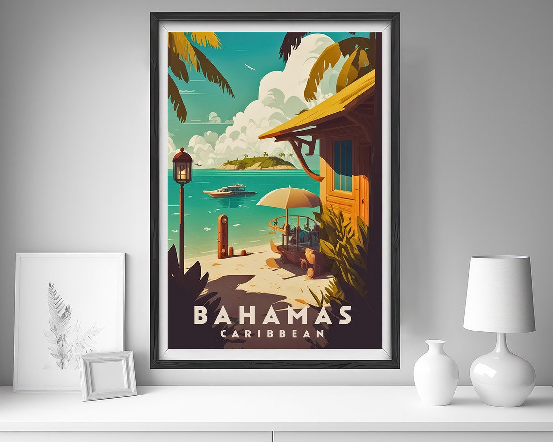 Bahamas Caribbean Vintage Travel Poster Beach Hut Boat Scene - Image 4