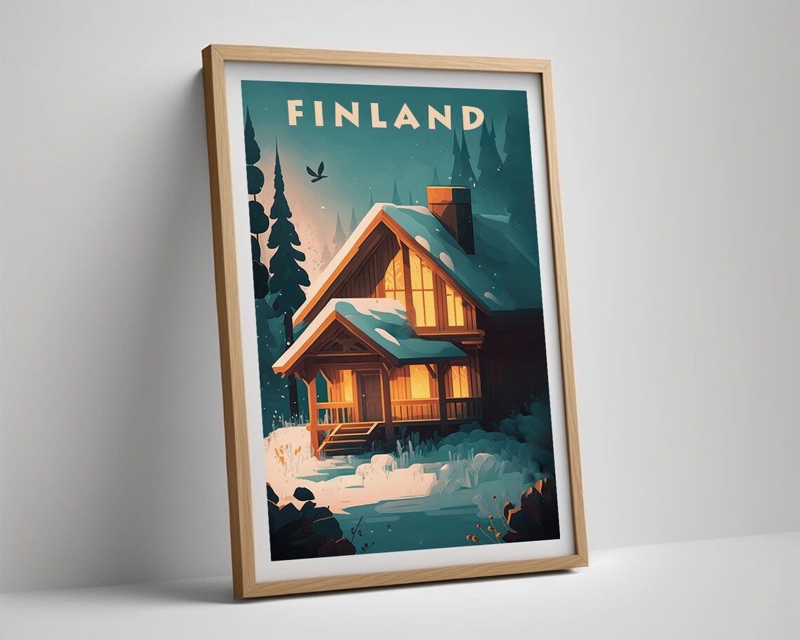 Finland Snowy Cabin Night Warm Windows Vintage Winter Travel Poster - Image 5