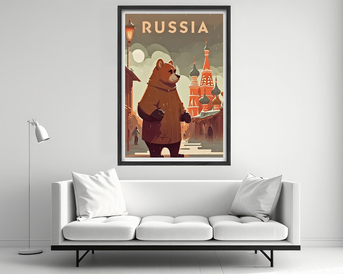 Russia Bear Cartoon St Basils Moscow Cute Snowy Winter Poster - Image 2